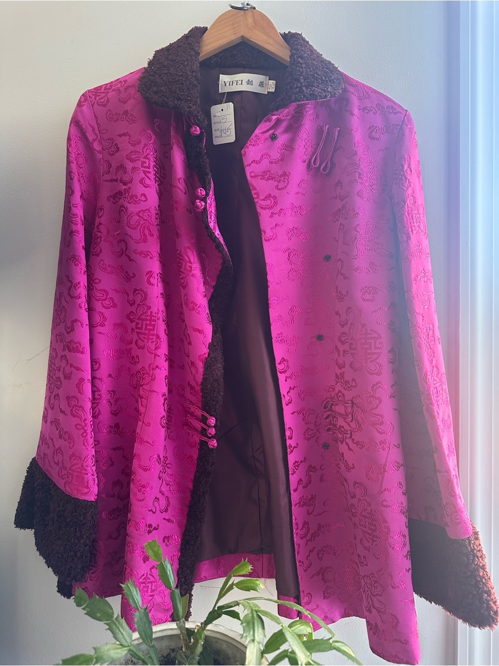 Yifei Hot Pink Satin Brocade Coat with Brown Trim